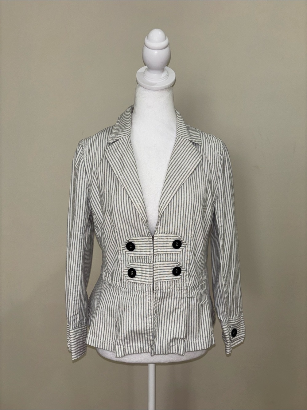 Ann Taylor White and Gray Striped Double-Breasted Waist-Cinching Blazer